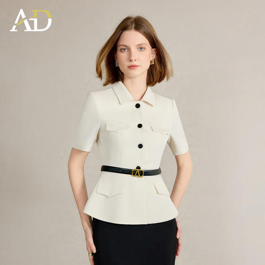 AD高端干练通勤西装女2025新款夏季气质米白色短袖翻领上衣职业装 商品图2