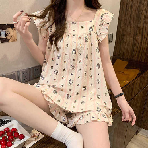 【日系风设计】条纹kitty猫睡衣女夏季新款花边吊带短裤日系学生家居服套装外穿。ry 商品图1