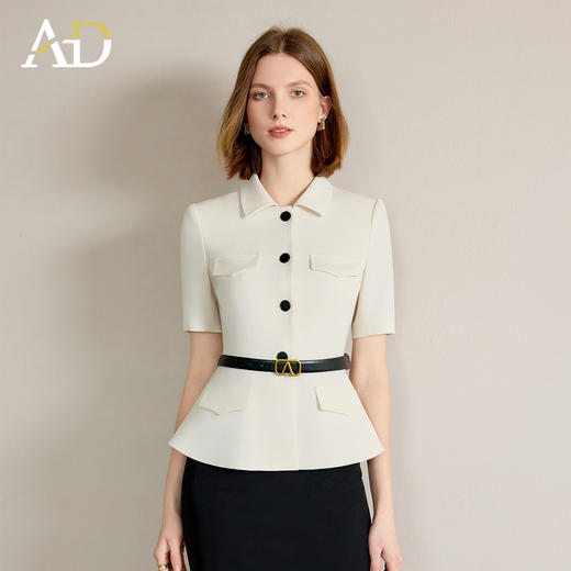 AD高端干练通勤西装女2025新款夏季气质米白色短袖翻领上衣职业装 商品图1