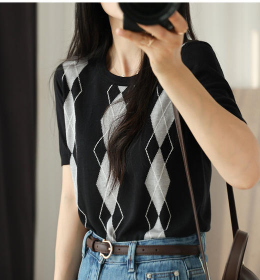 miu家英伦菱格天丝醋酸亲肤夏季针织T恤 商品图2