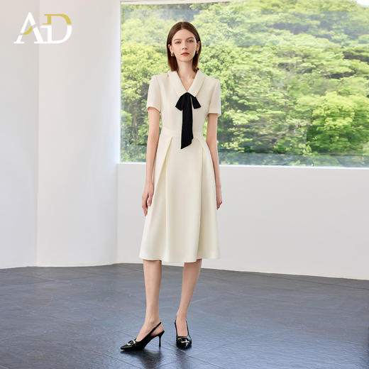 AD高端法式气质连衣裙女2025新款夏季蝴蝶结飘带收腰显瘦中长裙子 商品图2