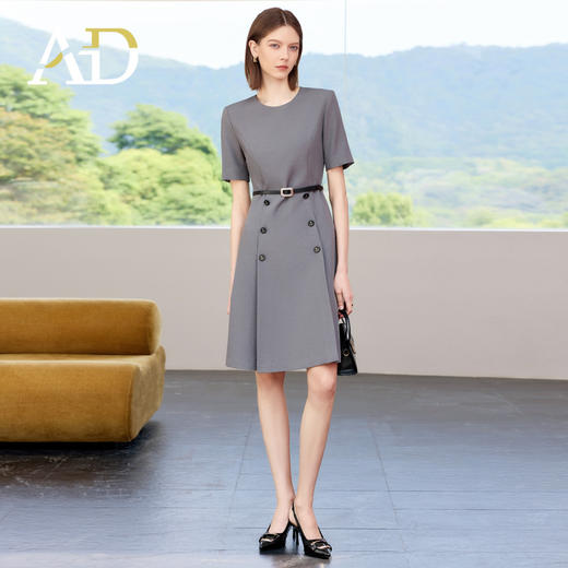 AD高级感灰色短袖圆领连衣裙女夏季新款气质收腰通勤A字裙职业装 商品图0