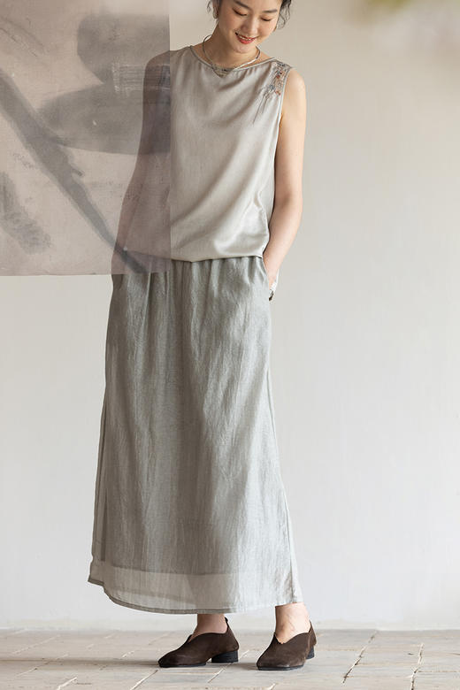 牧衣游原创丝棉炒色半身裙夏轻薄飘逸松紧腰宽松百搭A字裙 蝉时雨 商品图5