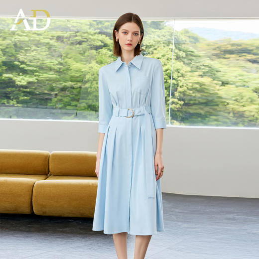 AD蓝色简约连衣裙女2025新款夏季极简风收腰显瘦通勤气质衬衫裙子 商品图1