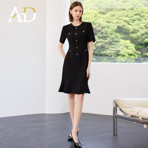 AD通勤装高级感黑色小香风圆领连衣裙女夏季新款气质收腰显瘦鱼尾 商品图2