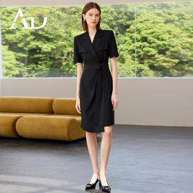 AD高端职业连衣裙女2025新款夏季短袖西装裙收腰显瘦翻领职场女装