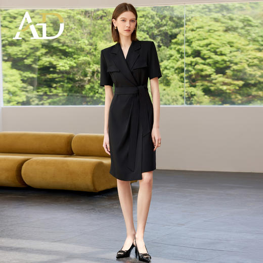 AD高端职业连衣裙女2025新款夏季短袖西装裙收腰显瘦翻领职场女装 商品图0