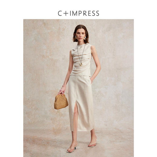 亚麻天丝高智风抽褶收腰背心/简约开衩芭蕉半裙2025夏新CS2502069 商品图1