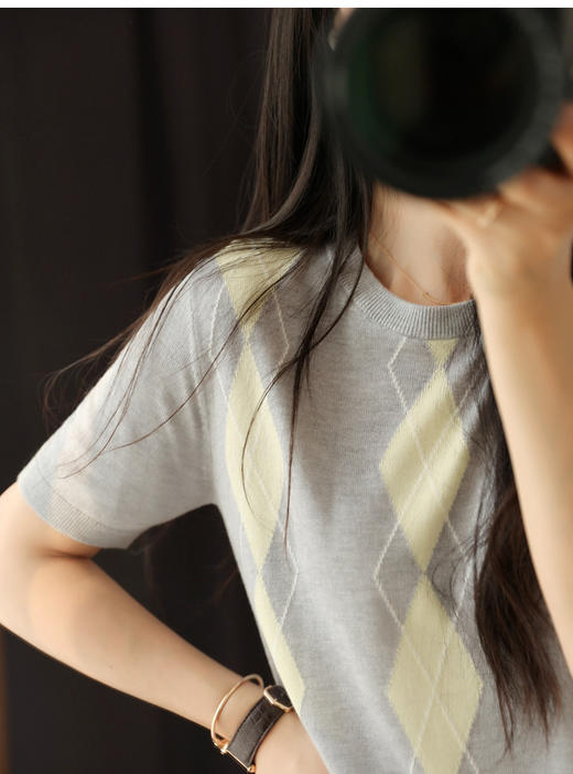 miu家英伦菱格天丝醋酸亲肤夏季针织T恤 商品图8