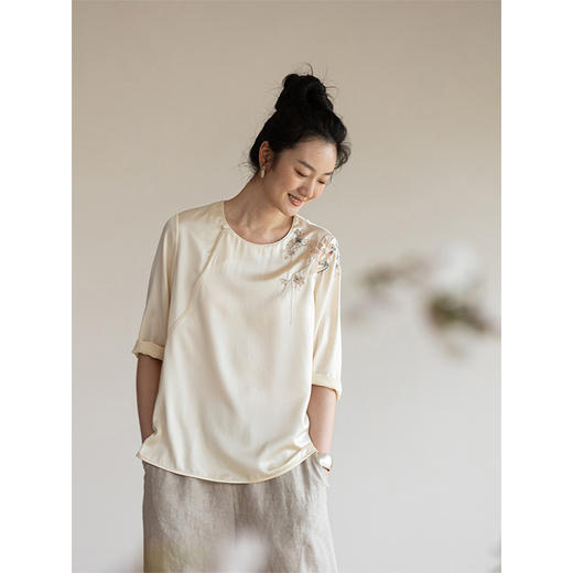 牧衣游原创 重磅双宫绸刺绣桑蚕丝套头衫圆领气质真丝上衣 月宝 商品图1