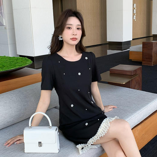 【清仓超15天不保价】奢姿大码女装2025夏季钉珠减龄花边拼接时尚连衣裙胖妹妹简约裙子9952890413【1】 商品图2