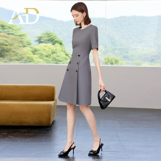 AD高级感灰色短袖圆领连衣裙女夏季新款气质收腰通勤A字裙职业装 商品图3