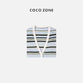 春夏条纹针织V领气质纽扣上衣短款18652开衫