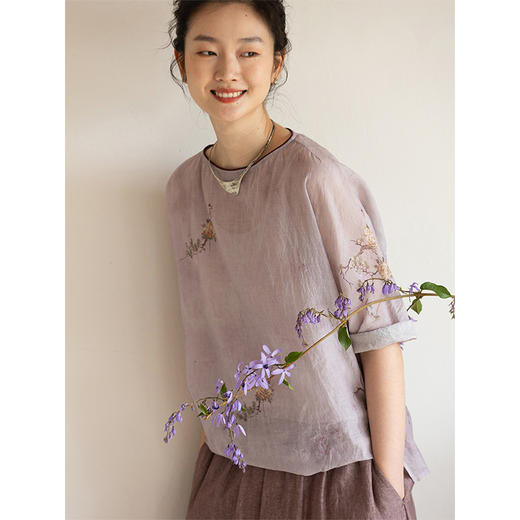 牧衣游原创 松骨牡丹印花丝棉套头衫宽松清凉透薄百搭上衣 杜松 商品图1