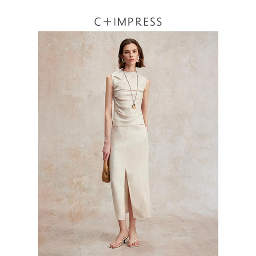 亚麻天丝高智风抽褶收腰背心/简约开衩芭蕉半裙2025夏新CS2502069 商品图0