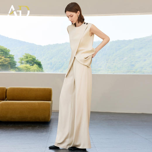 AD高级感无袖亚麻上衣套装女2025新款夏季宽松阔腿裤通勤两件套 商品图3