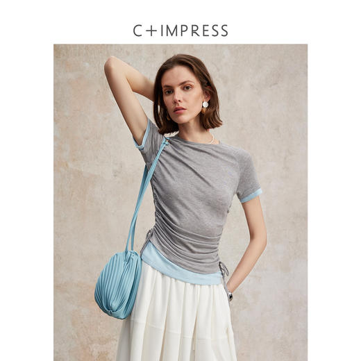 兰精天丝羊毛假两件抽绳修身T恤2025夏新T2502001 商品图3