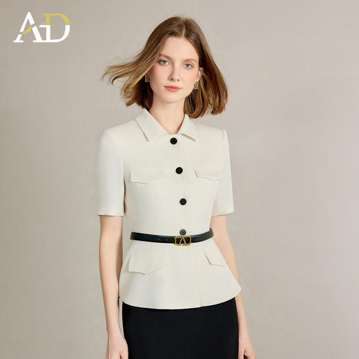 AD高端干练通勤西装女2025新款夏季气质米白色短袖翻领上衣职业装 商品图3