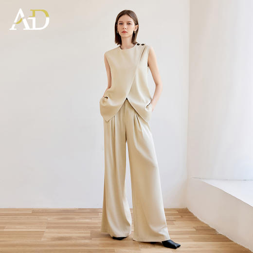 AD高智感穿搭两件套女2025夏新款无袖开叉上衣宽松阔腿裤洋气套装 商品图0