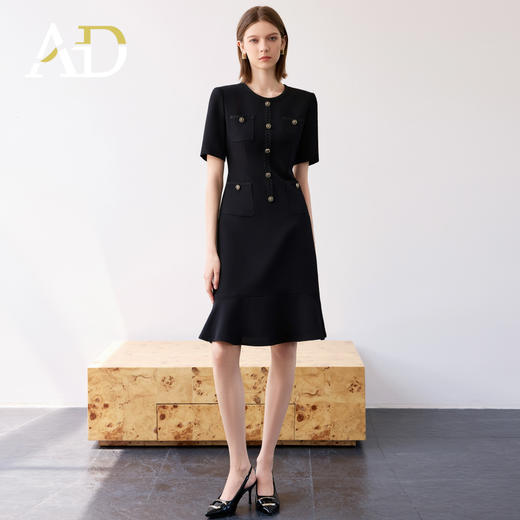 AD通勤装高级感黑色小香风圆领连衣裙女夏季新款气质收腰显瘦鱼尾 商品图3