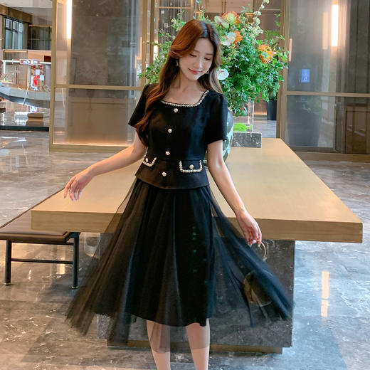 奢姿大码女装2025夏季时尚拼接纱裙胖妹妹气质优雅收腰方领连衣裙9952853348 商品图1