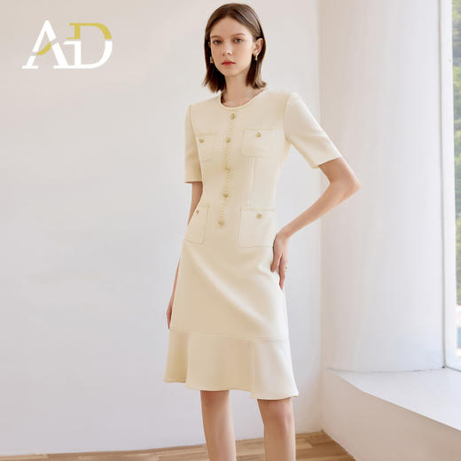 AD高端米白色小香风圆领连衣裙女夏新款短袖法式鱼尾裙通勤工作服 商品图2