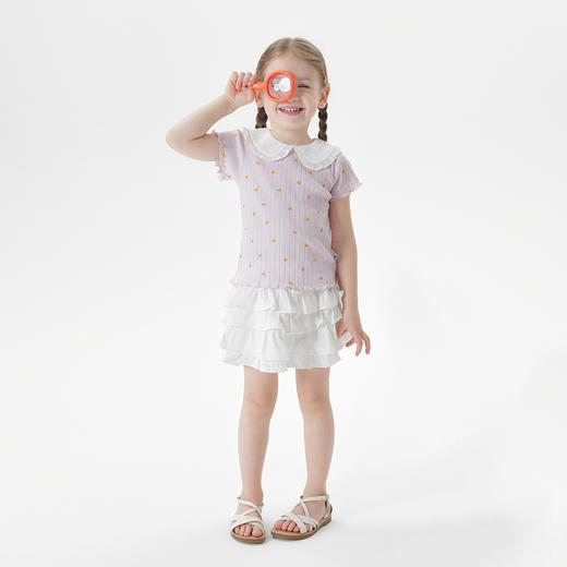 马克珍妮女童满底碎花娃娃领短袖T恤 宝宝针织上衣夏装新款550759 商品图1