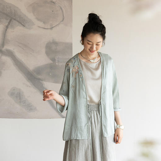 牧衣游原创 重磅双宫绸刺绣桑蚕丝炒色短外套复古禅意中式 晨风 商品图0