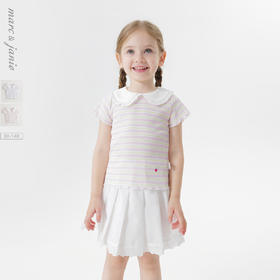 马克珍妮女童甜趣条纹荷叶领短袖T恤 宝宝上衣2025夏装新款550755