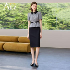 AD黑色包臀裙子女夏连衣裙灰色接拼职业装2025新款假两件西服裙