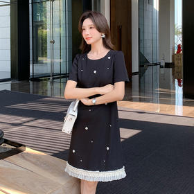 【清仓超15天不保价】奢姿大码女装2025夏季钉珠减龄花边拼接时尚连衣裙胖妹妹简约裙子9952890413【1】