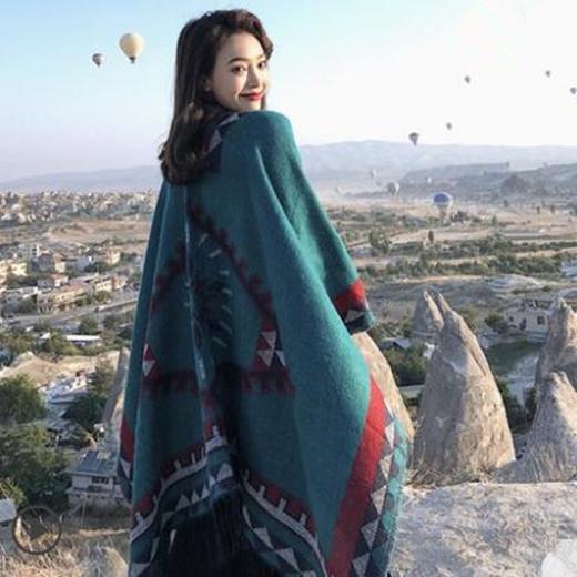 【民族风空调房披肩 】女士羊绒围巾旅游斗篷式披肩两用外搭潮 商品图1