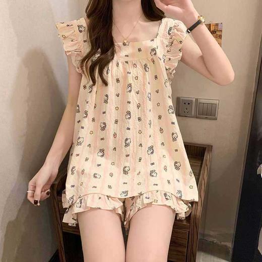 【日系风设计】条纹kitty猫睡衣女夏季新款花边吊带短裤日系学生家居服套装外穿。ry 商品图0