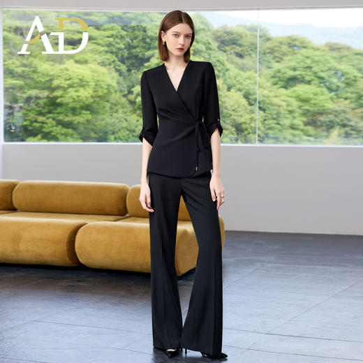 AD光泽感黑色西装套装女2025夏季薄款抽褶七分袖西装外套职业套裤 商品图0