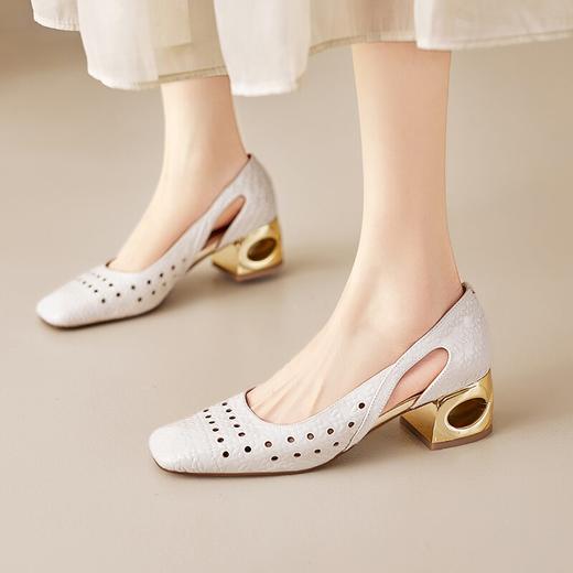 【预售5天】简约方头粗跟头层牛皮夏季浅口镂空真皮透气女鞋MBJR&6912 商品图3