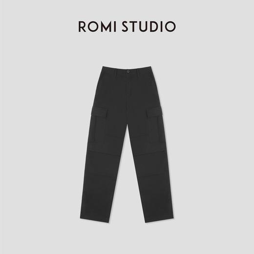 ROMI STUDIO网格肌理宽松剪裁  黑色全棉经典工装裤 RW24WXG1261 商品图0
