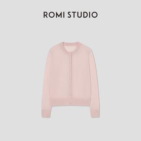 ROMI STUDIO100%可机洗绵羊毛  花纱粉色轻薄圆领开衫RWCSST2374