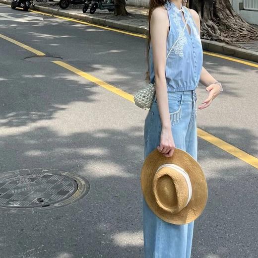 MAXRIENY25年夏季新款浪漫度假蓝色条纹雪纺衫挂脖显白显瘦上衣(货号:MF86TP256) 商品图3