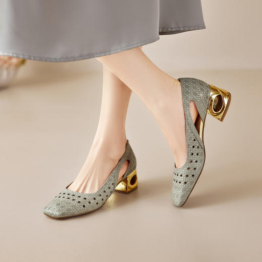 【预售5天】简约方头粗跟头层牛皮夏季浅口镂空真皮透气女鞋MBJR&6912 商品图2