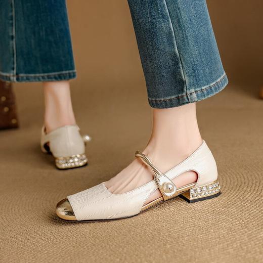 【预售5天】真皮一字带玛丽珍鞋法式水钻透气镂空低粗跟单鞋女配裙子NJMK&K1602 商品图3