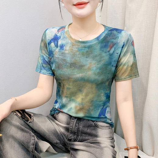 圆领晕染网纱短袖t恤，百搭洋气衣服时尚百搭小衫KQL-311H9057 商品图3