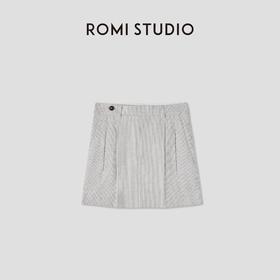 ROMI STUDIO自然质感经典条纹  棉麻混纺双褶半身短裙RWCSXT1957(现货)