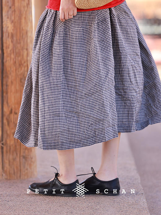 PETIT SCHAN小闪 CLO#821 voyage with a fair wind 乘风而行 纯亚麻色织格纹松紧腰抽绳七分裙裤 商品图0