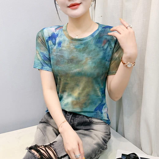 圆领晕染网纱短袖t恤，百搭洋气衣服时尚百搭小衫KQL-311H9057 商品图1
