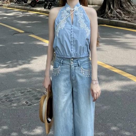 MAXRIENY25年夏季新款浪漫度假蓝色条纹雪纺衫挂脖显白显瘦上衣(货号:MF86TP256) 商品图1