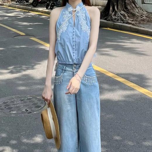 MAXRIENY25年夏季新款浪漫度假蓝色条纹雪纺衫挂脖显白显瘦上衣(货号:MF86TP256) 商品图2