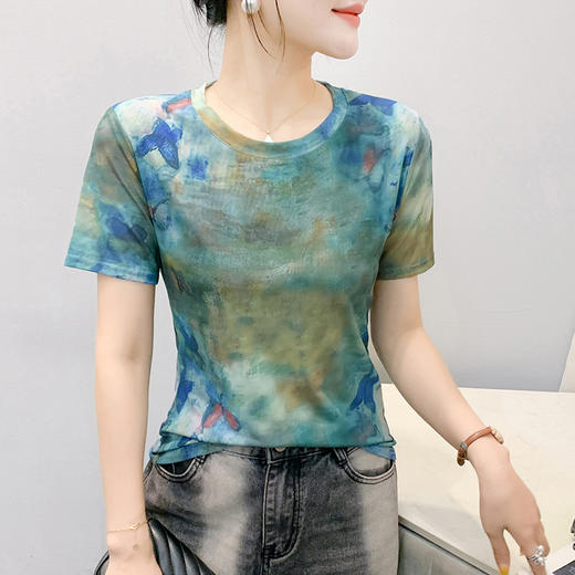 圆领晕染网纱短袖t恤，百搭洋气衣服时尚百搭小衫KQL-311H9057 商品图2