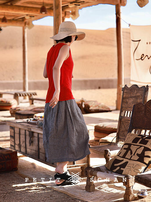 PETIT SCHAN小闪 CLO#821 voyage with a fair wind 乘风而行 纯亚麻色织格纹松紧腰抽绳七分裙裤 商品图2