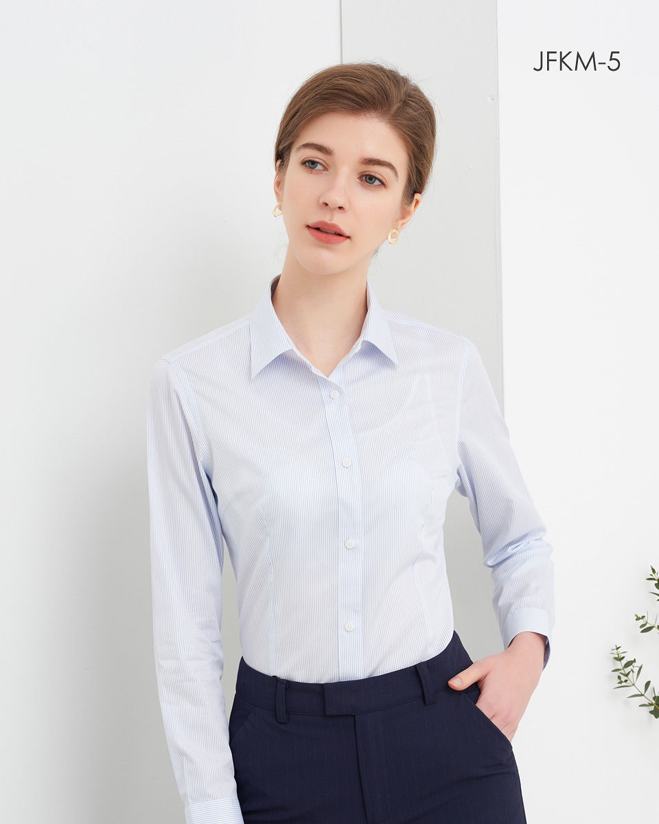 SENDI100支纱全棉成衣免烫女士蓝色细条纹长短袖衬衫