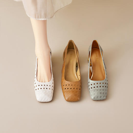 【预售5天】简约方头粗跟头层牛皮夏季浅口镂空真皮透气女鞋MBJR&6912 商品图4